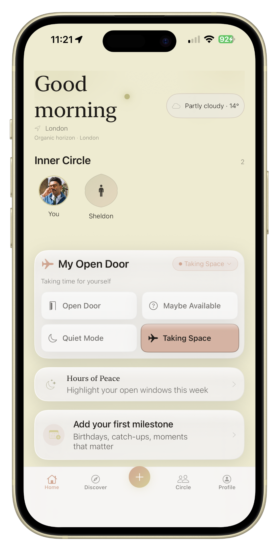 àlex home screen — inner circle and open door