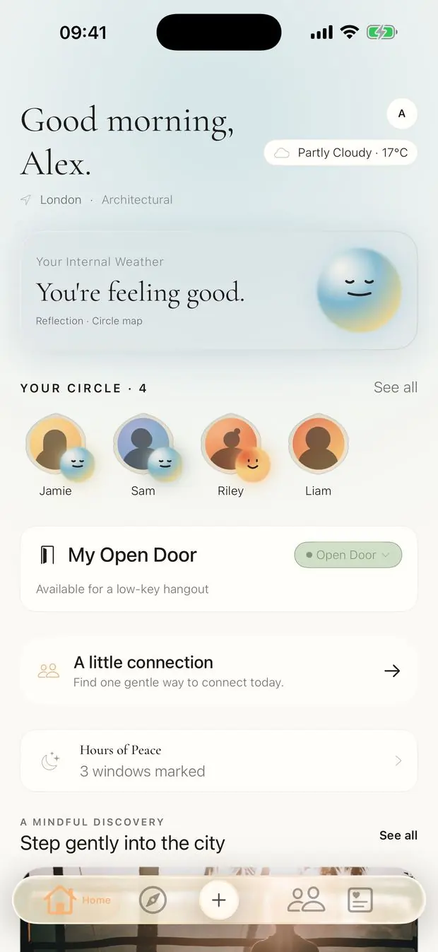The àlex home screen, showing Internal Weather and My Open Door